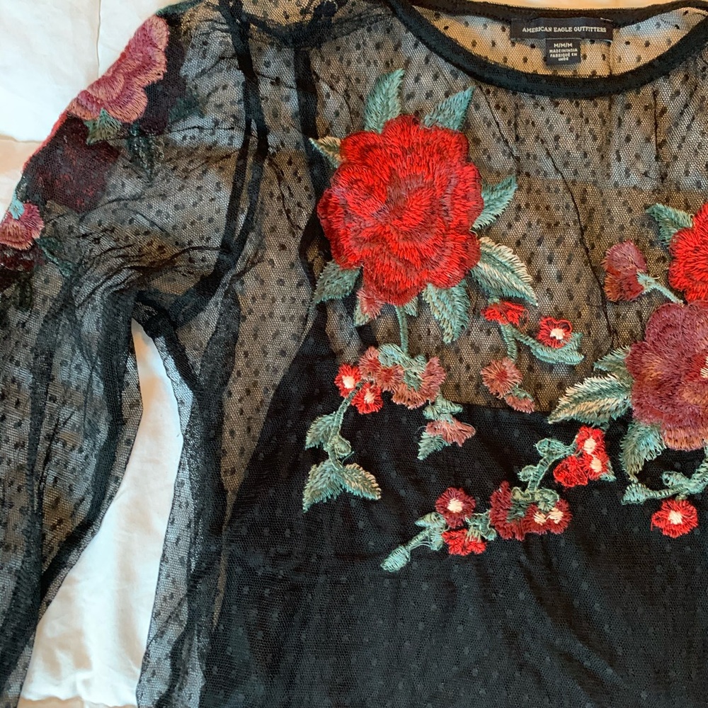 American Eagle floral polka dot see through top